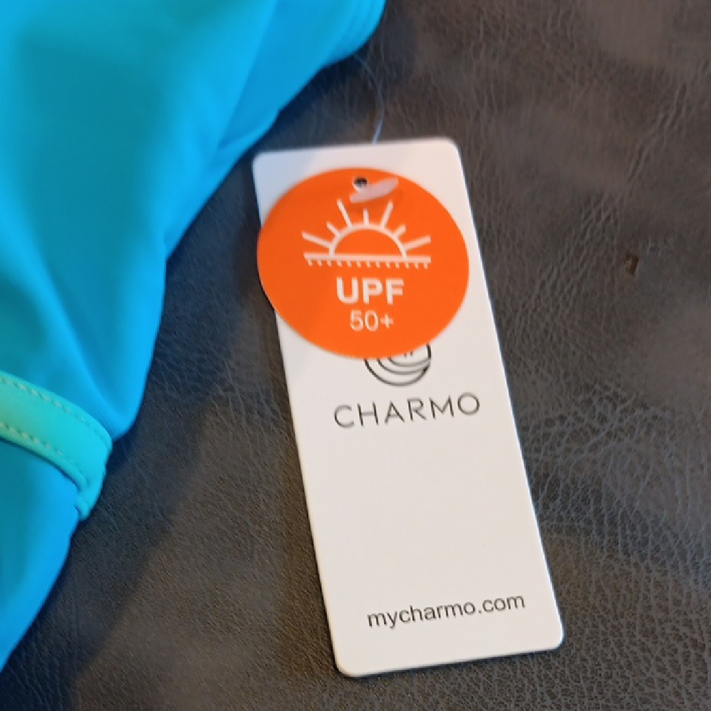 NWT. CHARMO Vibrant Aqua  Sporty High-waist Bikini Set with Lime Details - Picture 5 of 8